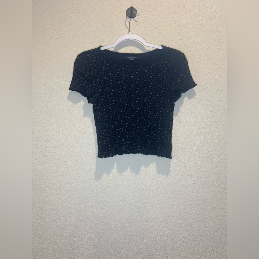 Black Floral Lettuce Trim Top